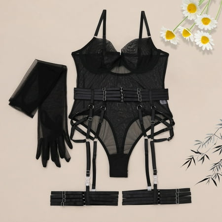 HHH New Sexy Underwear Suit Sheer Mesh Body-Shaping Corsets Garter Three-Piece Set