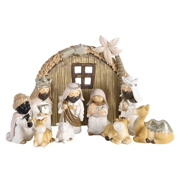 Dickson's 10-Piece Nativity Family Wisemen Animal Star Palm Tree - 7.25 x 7 Inch White/Brown Resin Collectible Tabletop Figurine