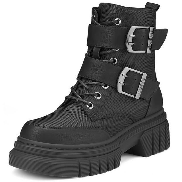 Botas de combate SUEDI con suela gruesa con plataforma y lengüeta negras para mujer