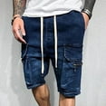 thumbnail image 2 of DDAPJ pyju Mens Jean Shorts Multi Pocket Cargo Jean Shorts Casual Solid Color Elastic Waist Drawstring Stretch Denim Shorts, 2 of 7