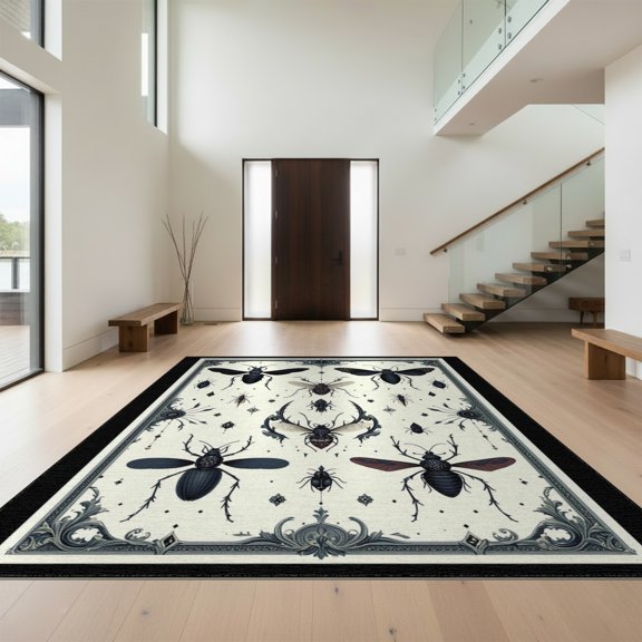 Design&I 8'x10' Washable Area Rug Gothic Insect With Ornate Victorian Scrollwork Border Accents for Dining Room, Large Office, Lounge, Snag-Free