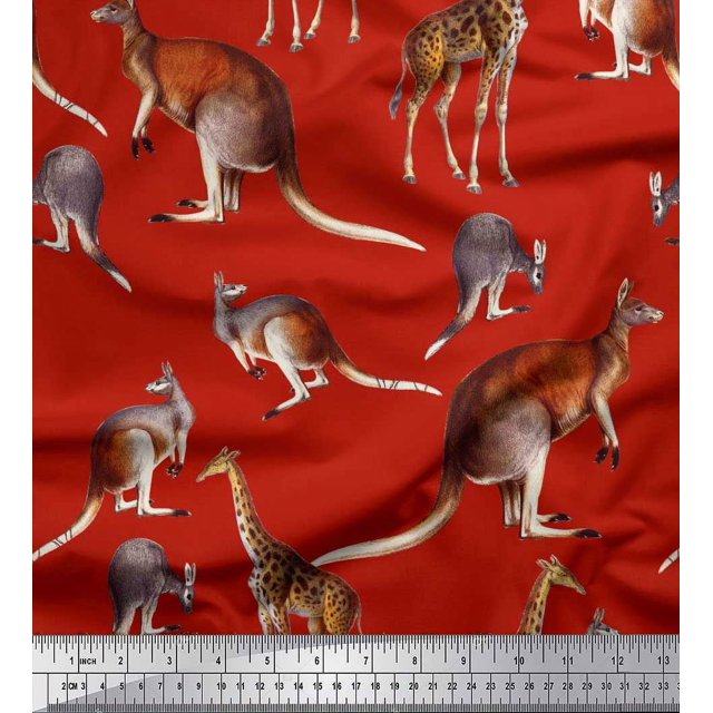 Soimoi Red Poly Georgette Fabric Kangaroo & Giraffe Animal Print Fabric by Yard 52 Inch Wide