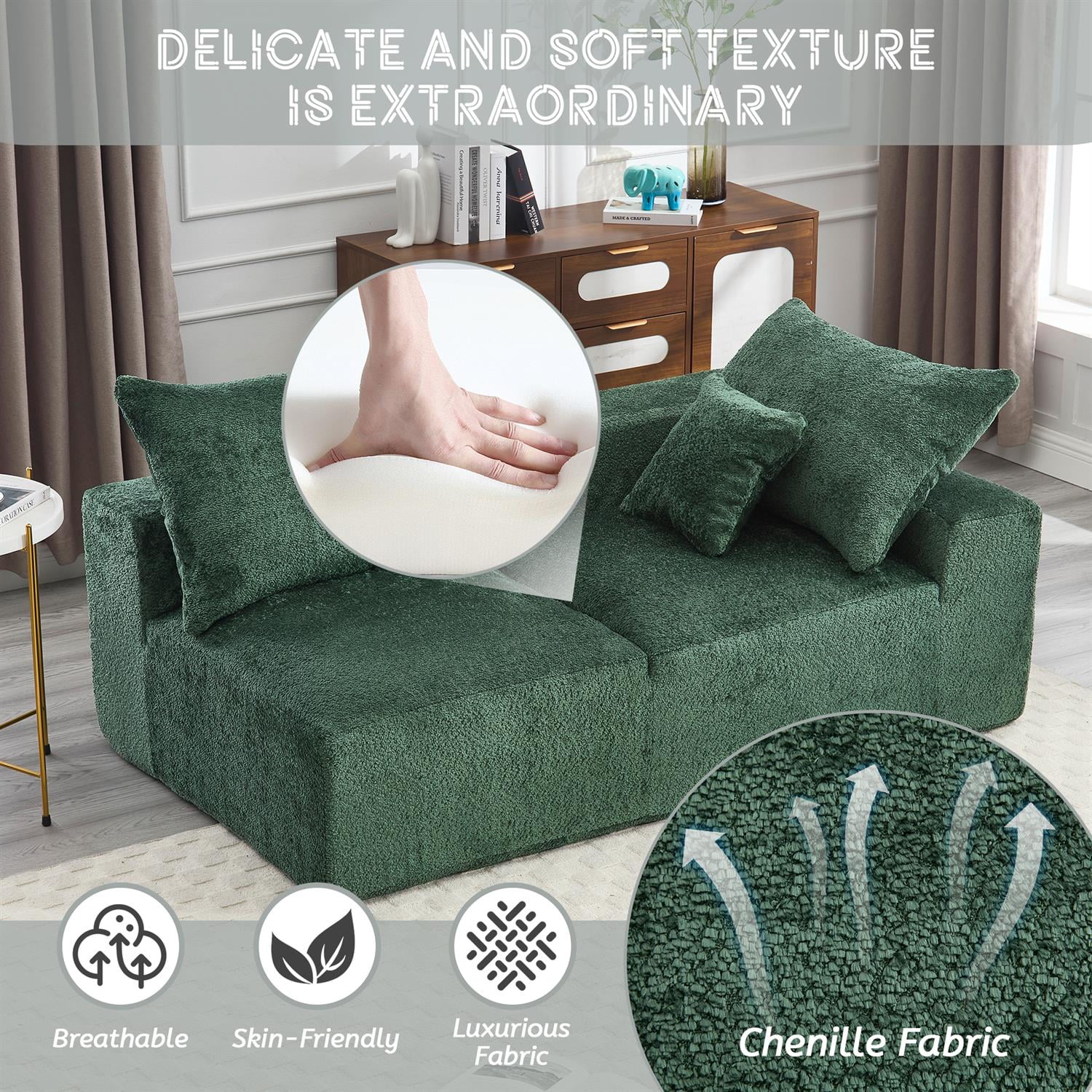 Demi Bonn 67" Premium Fabric Sofa, Cozy 2-Person Couch for Living Room and Office, Comfort Style Lazy Leisure Seat, Green