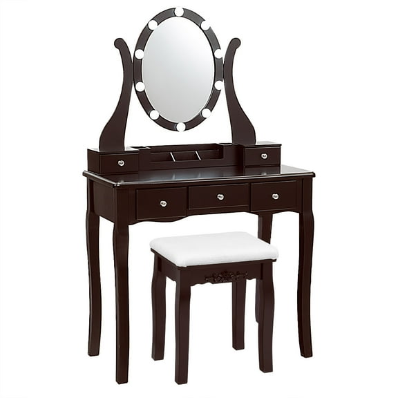 Topbuy Vanity Table Makeup Dresser Desk w/LED Light Drawers & Stool Brown