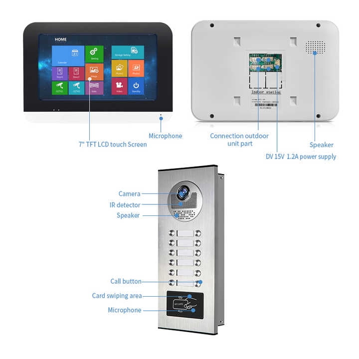 12unit 7inch wired video doorbell set,suitable for indoor and outdoor video