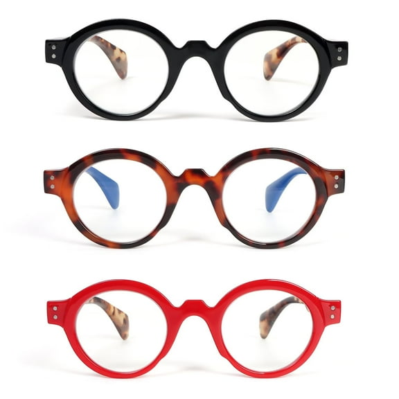 REAVEE Reading Glasses Roud for Women Oversized Blue Light Blocking with Spring Hinge 3 Pack Fashion Design Black Leopard Red 2.5