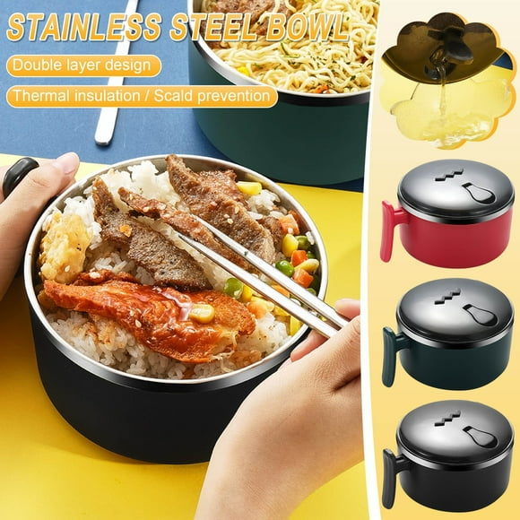 Fiudx Tazón para Sopa de Ramen, de Acero Inoxidable de Doble Pared, con Tapa Hermética y Orificio para Vapor, Recipiente Aislante para Ramen Instantáneo y Regular, Recipiente Multiusos para Alimentos