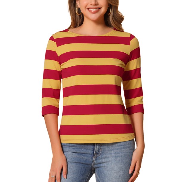Camisetas de rayas para mujer Inspire Chic, corte ajustado, mangas de codo, cuello barco, talla S
