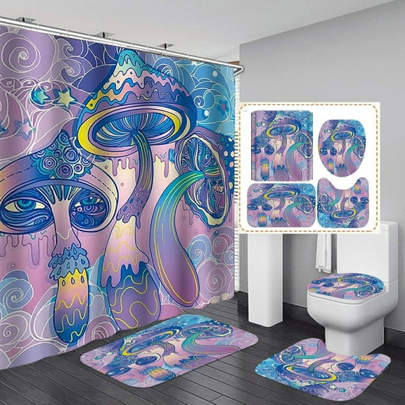 4PCS Trippy Mushroom Shower Curtain Set, Tie Dye Rainbow Cool Fantasy Colorful Hippie Psychedelic Bathroom Decor, Waterproof Fabric Shower Curtain, Non-slip Bath Mat Toilet Rug, Magic Mushroom