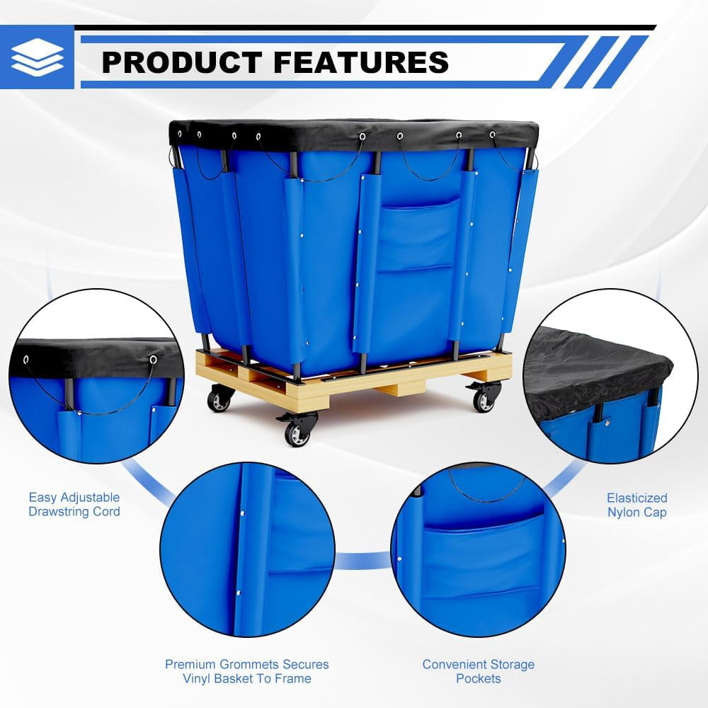 Yeeoy 8 Bushel Blue Vinyl Basket Bulk Truck, Laundry Basket with Wheels, Steel Laundry Cart Storage Trolley Hamper for Hotel Home Hospital, 34"L x 22"W x 30-1/2"H