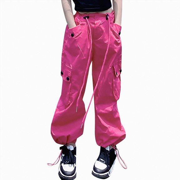 Splozh Teen Girls Stright Leg Cargo Pants Elastic Waist Pants Loose Trousers with Multi Pockets Girls Cargo Pants,Hot Pink,13-14 Years