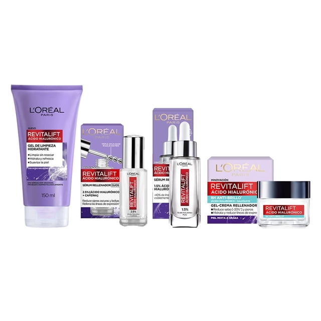 Kit de Cuidado Facial L'Oréal Paris Ácido Hialurónico con Sérum Rostro Sérum Ojos Crema en Gel y Gel
