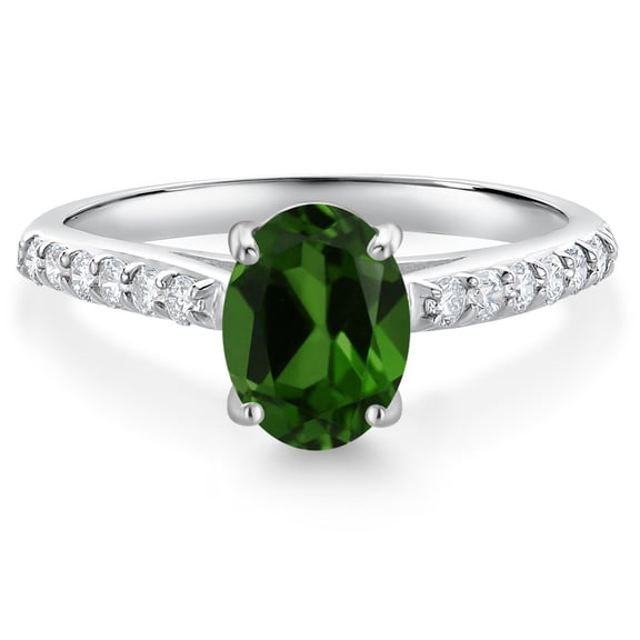 Gem Stone King 10K White Gold Green Chrome Diopside and White Lab Grown Diamond Engagement Ring for Women (1.38 Cttw, Oval 8X6MM, Gemstone Birthstone, Size 9)