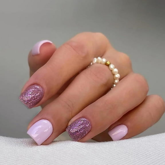 Extra Short Press on Nails Square Fake Nails Pink Full Cover Flower False Nails with Designs Glitter Glossy Glue on Nails Cute Acrylic Nails Artificial Nails for Women Girls 24 Pcs S11 24 Fl Oz