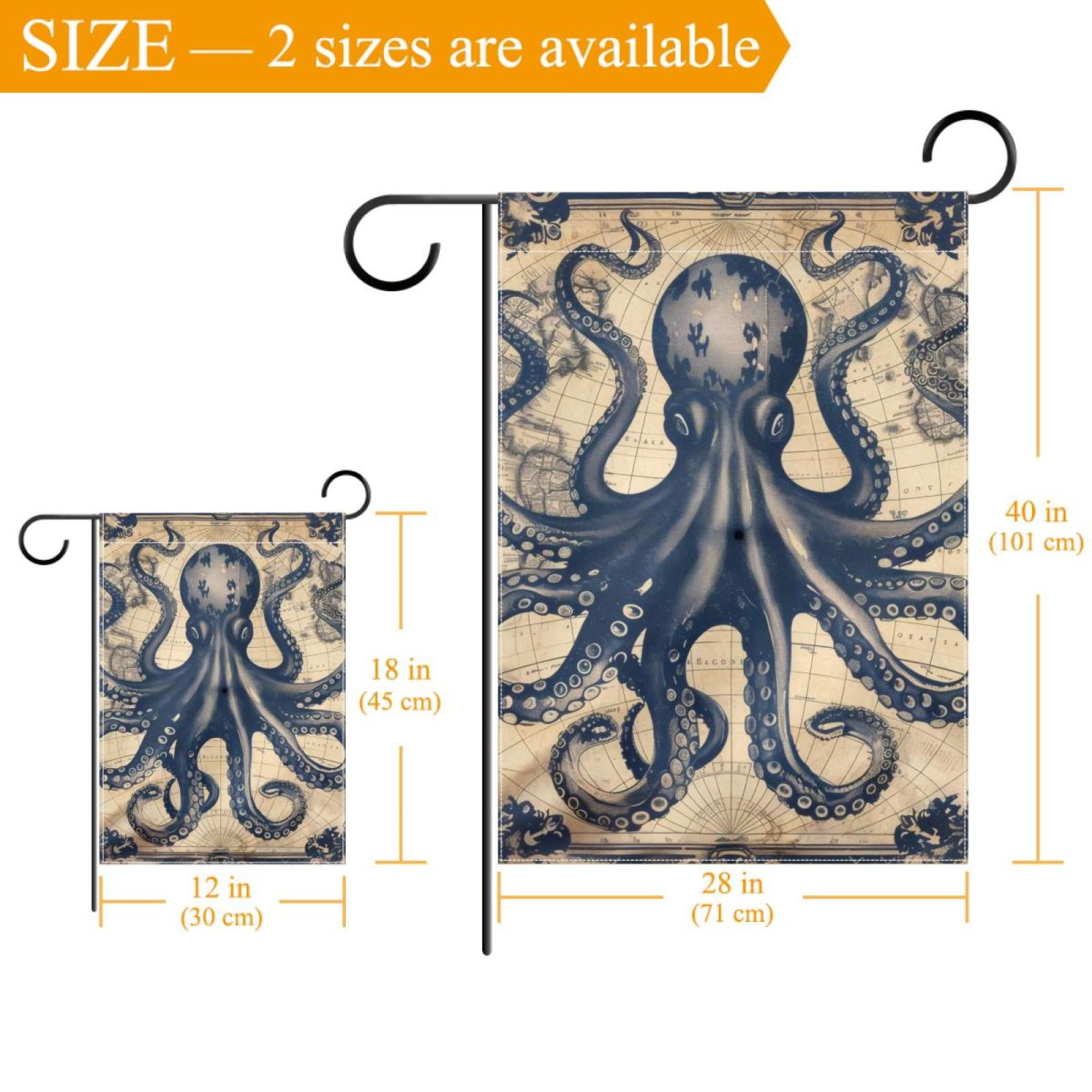 Funny Ocean Octopus Anchor Vintage Coastal Map Double Sided Garden Flag Decorative Weather Resistant Yard Flag, Large DIY Vertical Flag for Farmhouse Patio Lawn, 28x40 Inch