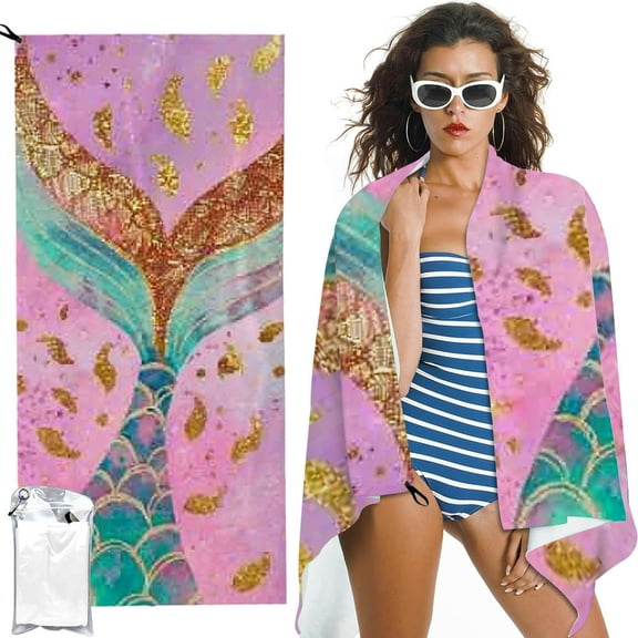 PRATYUS Mermaid Beach Towels with Names for Kids Microfiber Custom Pool Towels for Boys Girls Bathroom Travel Sand Free Thin Swim Lightweight Beach Towels 27.5x55in