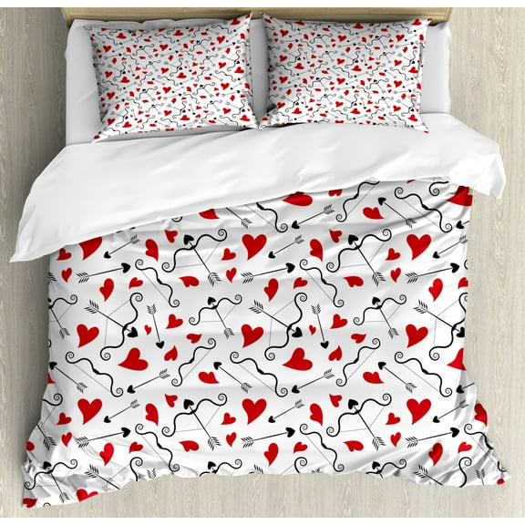 Valentines King Size Duvet Cover Set, Arrows of Cupid Mythological Concepts Hearts with Love and Adoration Themes, Decorative 3 Piece Bedding Set with 2 Pillow Shams, Black Red White, by Ambesonne