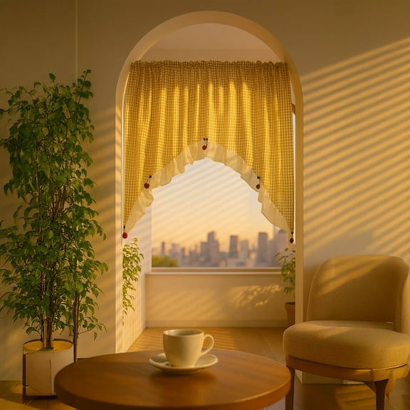 Farmhouse Swag Curtain Valance, Yellow Plaid Arched Door Panel with Cherry Accents for Window & Door, Rustic Country Home Decor