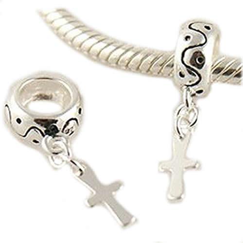 .925 Sterling Silver " Dangle Cross" Charm Spacer Bead for Snake Chain Charm Bracelet
