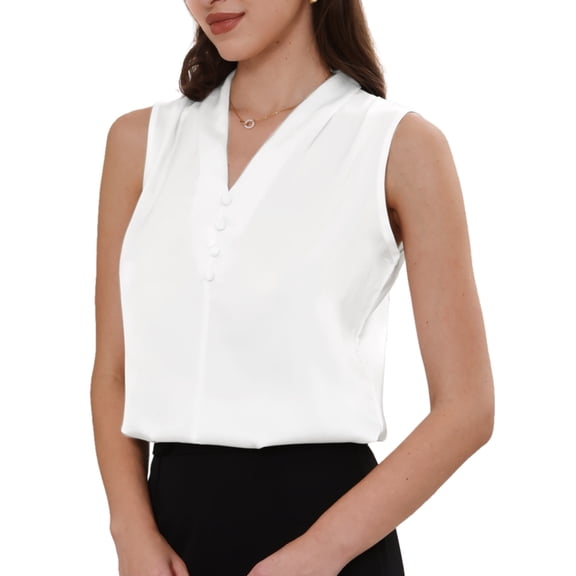 DARING DIVA Women's Satin Tank Top Sleeveless V Neck Business Satin Work Blouse S White