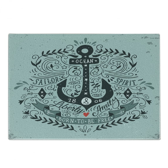 Navy Cutting Board, Vintage Style Anchor Lettering Words and Floral Sailor Marine Design Art Print, Decorative Tempered Glass Cutting and Serving Board, Small Size, Turquoise, by Ambesonne