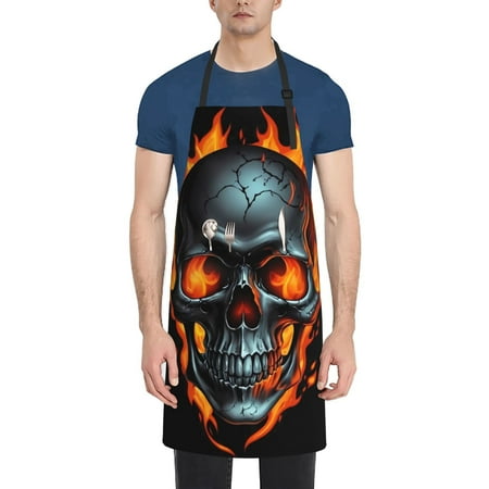 

Ocsxa Flame Metal Skull Apron With Pockets Kitchen Bib Waterproof Resistant Women Men Unisex Adjustable
