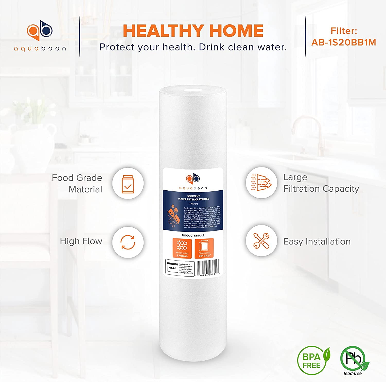 Aquaboon 4-Pack of 1 Micron 20" Sediment Water Filter Replacement Cartridge | Whole House Sediment Filtration | Compatible with AP810-2, SDC-45-2005, FPMB-BB5-20, P5-20BB, FP25B, 155358-43