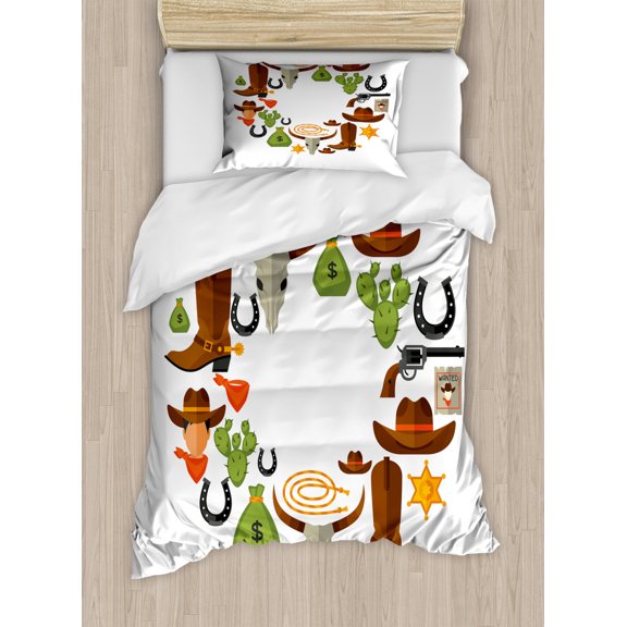 Rodeo Duvet Cover Set Twin Size, Vintage Wild West Theme with Cowboy Horseshoe Print, Decorative 2 Piece Bedding Set with 1 Pillow Sham, Cinnamon Lime Green Charcoal Grey, by Ambesonne