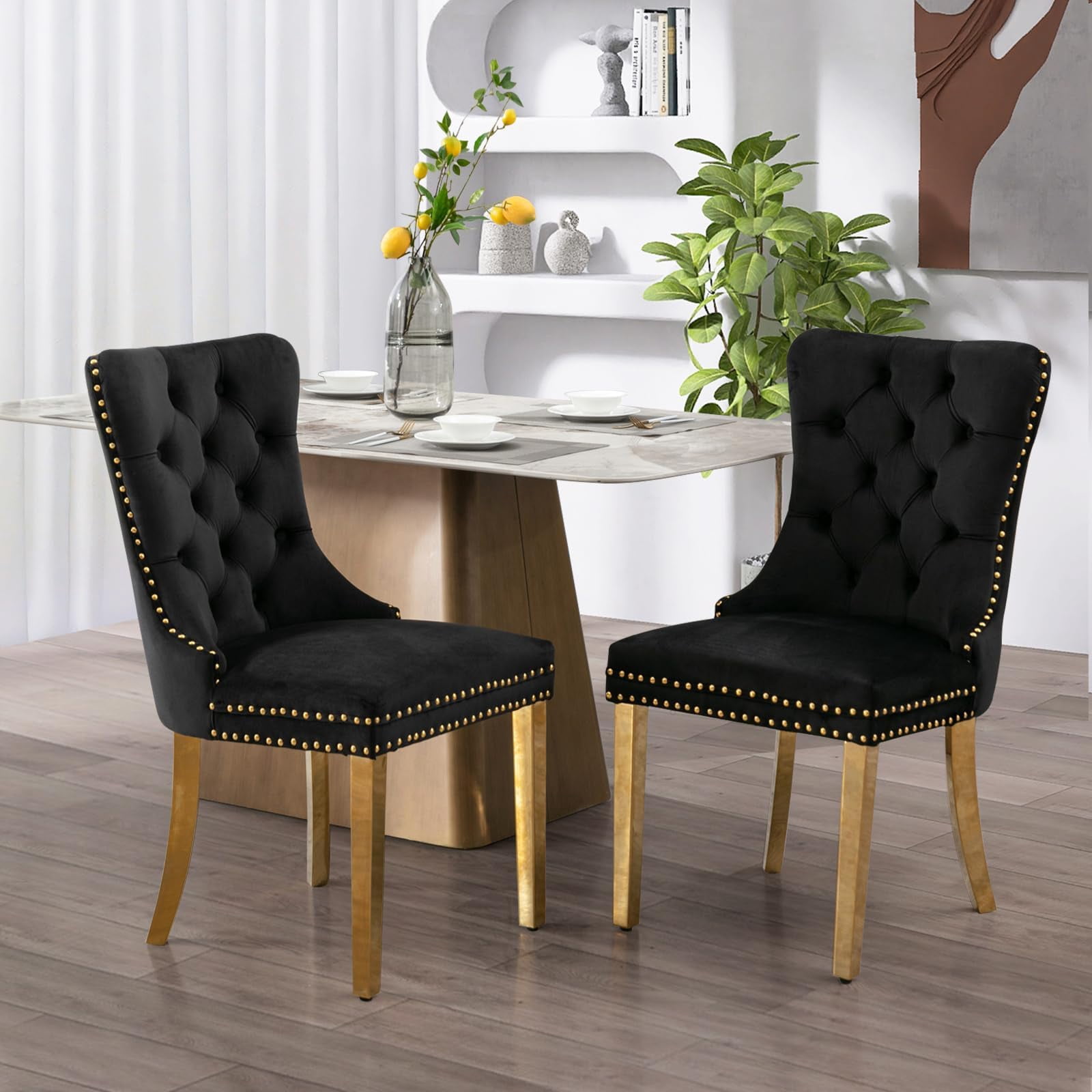 JESTOP Velvet Dining Chair Set of 2, Upholstered Tufted Dining Room Chair with Nailhead Trim and Solid Gold Plated Leg for Kitchen (Black)