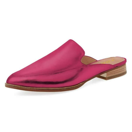 YDN Women Classic Block Low Heels Slip On Mules Flats Loafers Pointy Closed Toe Backless Slipper Casual Dressy Shoes Size 7 Fuchsia