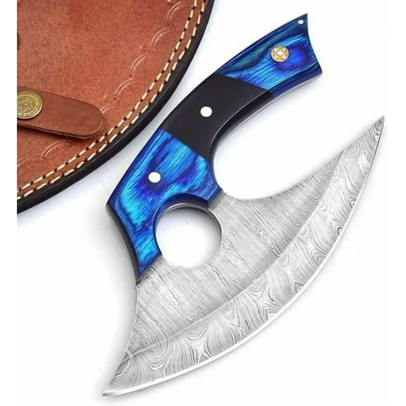 Handmade Damascus Steel Ulu Knife - Alaskan Damascus Ulu Knife With Sheath - Damascus Alaska Knives For Men and Women - Skinning, Chopping,Rocking, Mincing, Slicing Meat & Herb (1515 blue,black)