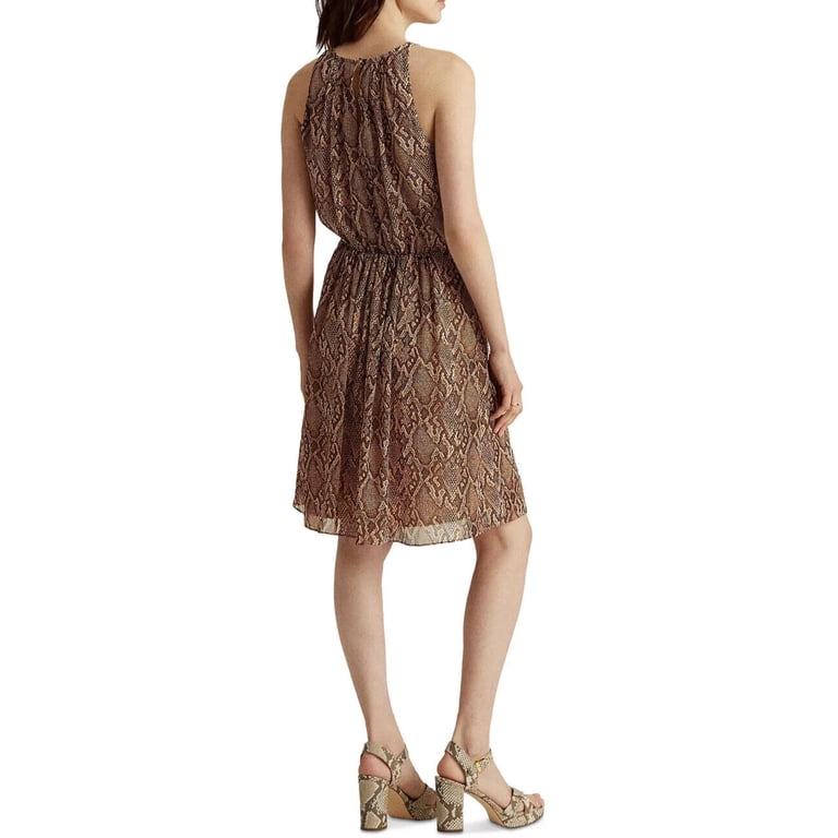 ralph lauren brown pleated dress LAUREN Womens Sheer Lined Back Keyhole Animal Print Sleeveless Halter Above The Knee Evening Fit + Flare 18 Charmeuse gown