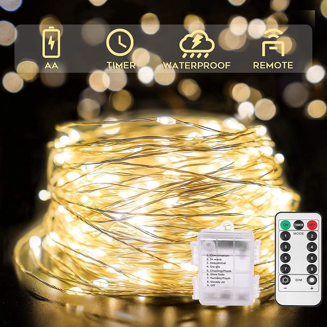 10m x 100 LED String Lights, Battery Operated, Warm White, with Remote Control, Twinkle LED Lights for Camping, Bedroom, Backyard, Weddings, Trees, etc.