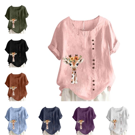 Levmjia Women's Cute Giraffe Floral Print Button Down Shirt, Linen Look Casual Short Sleeve Top, Loose Fit Plus Size Summer T-Shirt for Women,