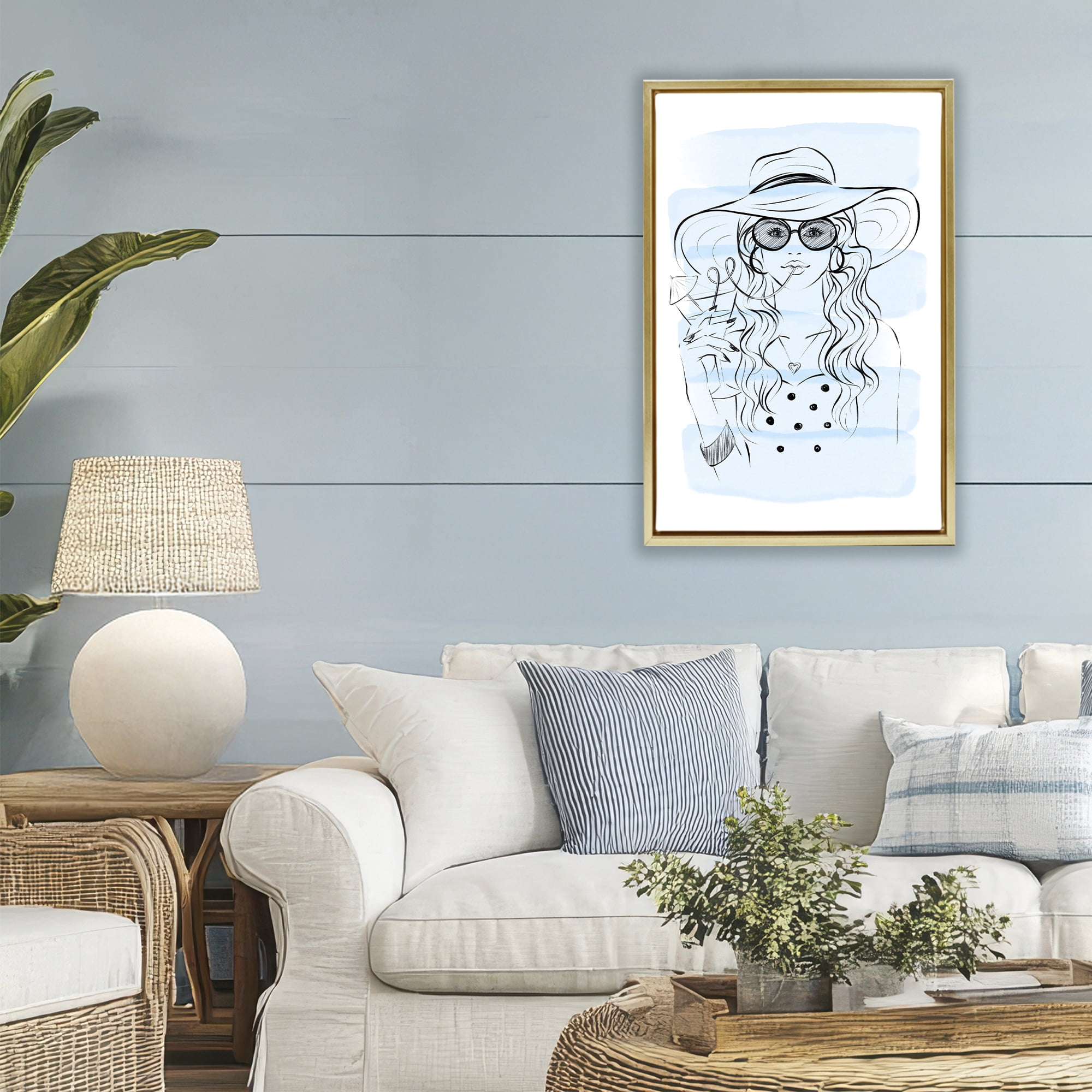 Stupell Industries Sipping Drink Girl in Sun Hat Gold Framed Floater Canvas Wall Art, design by Martina Pavlova