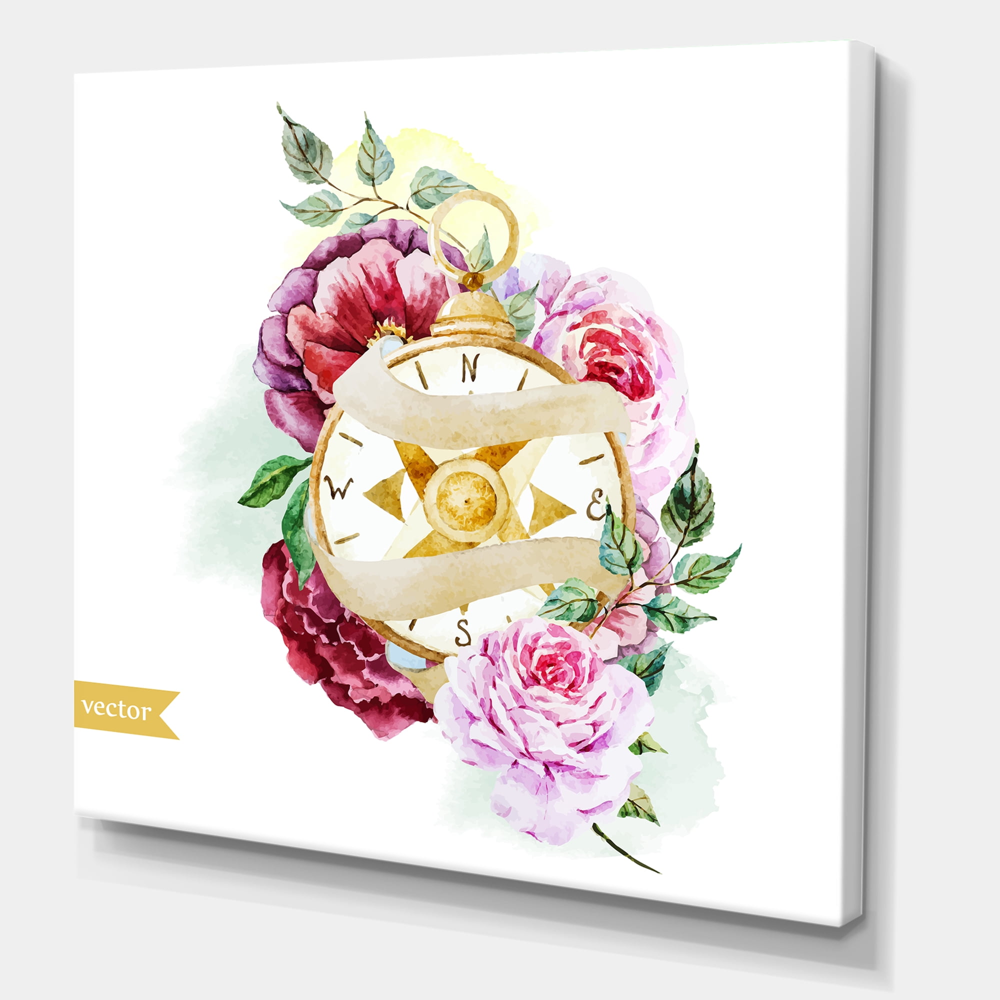 Designart ' Compass Among Flowers ' Traditional Canvas Wall Art Print