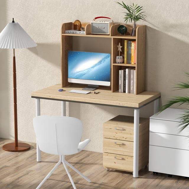 Giantex Desk Bookshelf, Wood Desk Hutch w/5 Shelves, Computer Table Display Rack, Organizer Shelf for Dorm Office Home, Natural