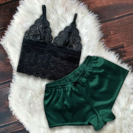 

Gyouwnll Sleepwear For Womens Pajamas For Women Satin Lace V-Neck Camisole Bowknot Shorts Set Sleepwear Pajamas Lingerie