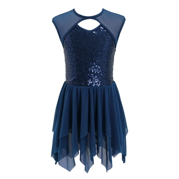 CHICTRY Kids Girls Gymnastics Leotard Ballet Dancewear Sequins Mesh Lyrical Dance Dress Prom Party Costume Navy Blue 14