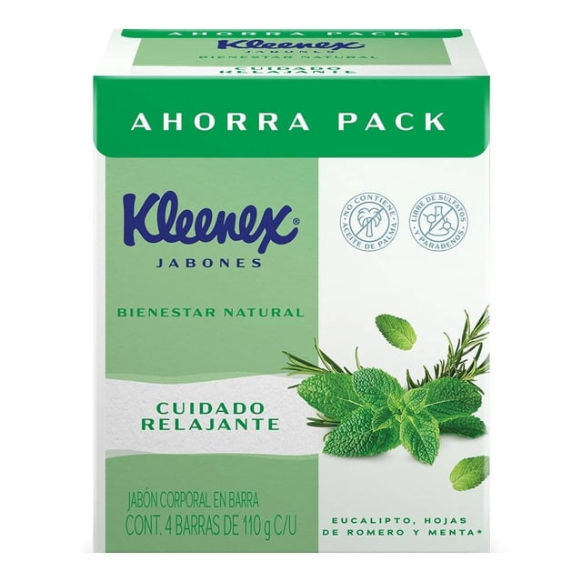 jabón de tocador kleenex cuidado relajante eucalipto, romero y menta 4 barras de 110 g c/u Empaque frontal verde y blanco con logo Kleenex, texto "Bienestar Natural" y "Cuidado Relajante", ilustración de hojas de menta y romero, rótulo "Ahorra Pack" y sellos que indican sin parabenos y sin aceite de palma; vista centrada que muestra cantidad y peso; también suele emplearse para kits de viaje o amenidades de invitados.