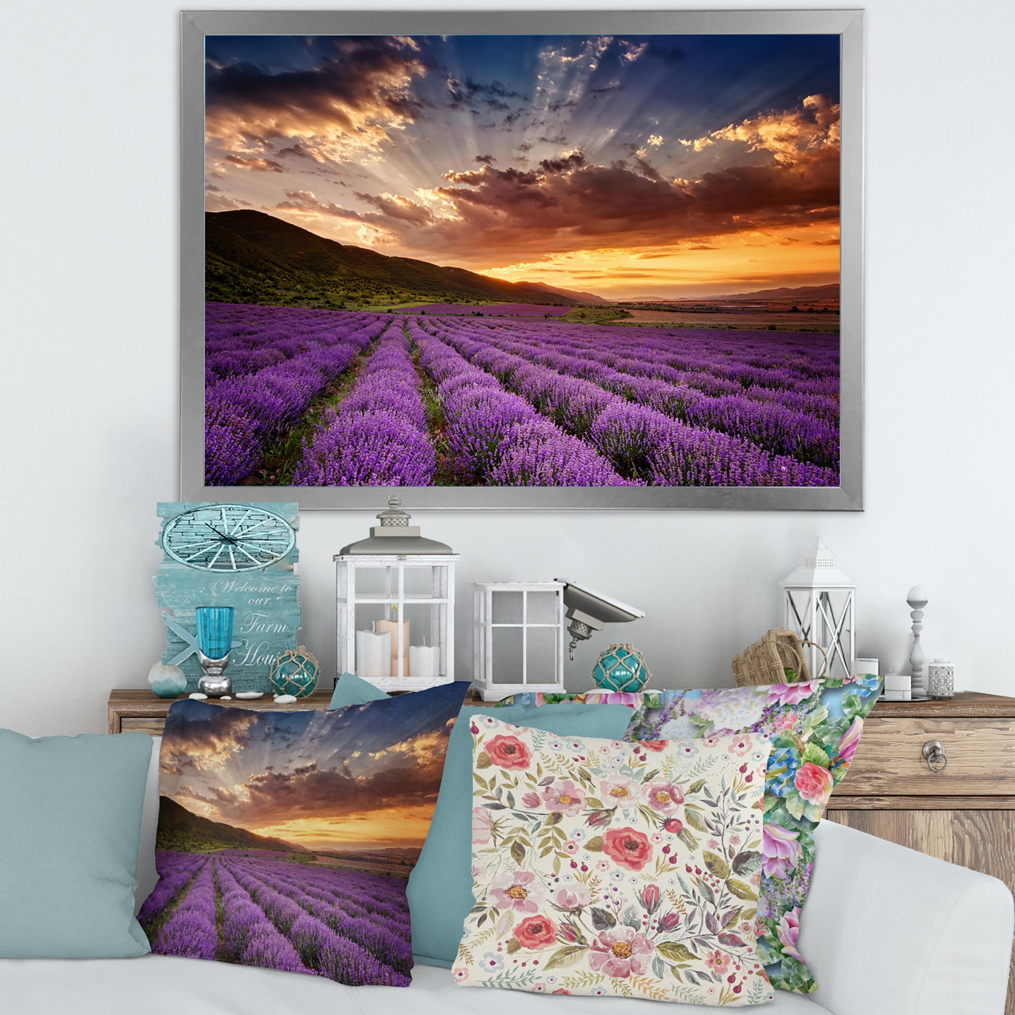 Designart 'Dramatic Clouds and Sunrise Over Lavender Field X' Farmhouse Framed Art Print