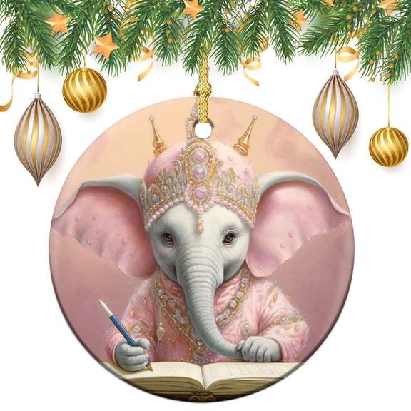 Pink Elephant Wearing A Crown And Holding A Pen Christmas Ornaments Abstract Art Cute Funny Custom 3" Ceramic 2024 Xmas Ornament Christmas Tree New Year Party Decorations Supplies