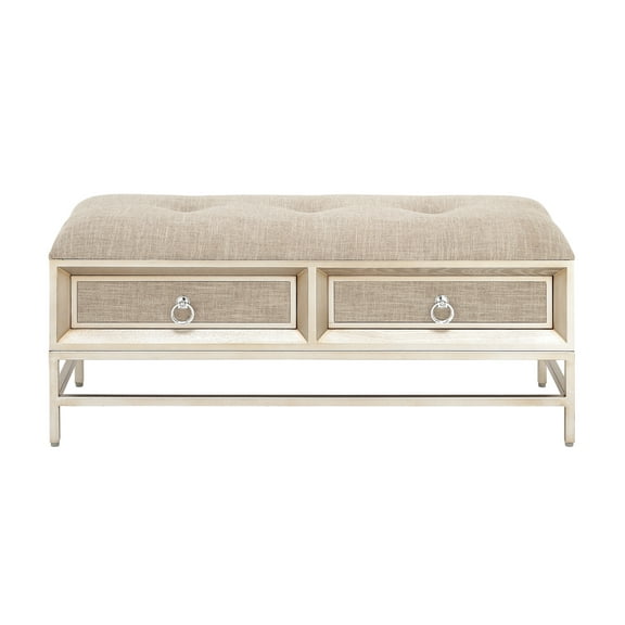 DecMode Linen Upholstered Front Panel Storage Bench with Tufted Seat and Ring Handles, Beige