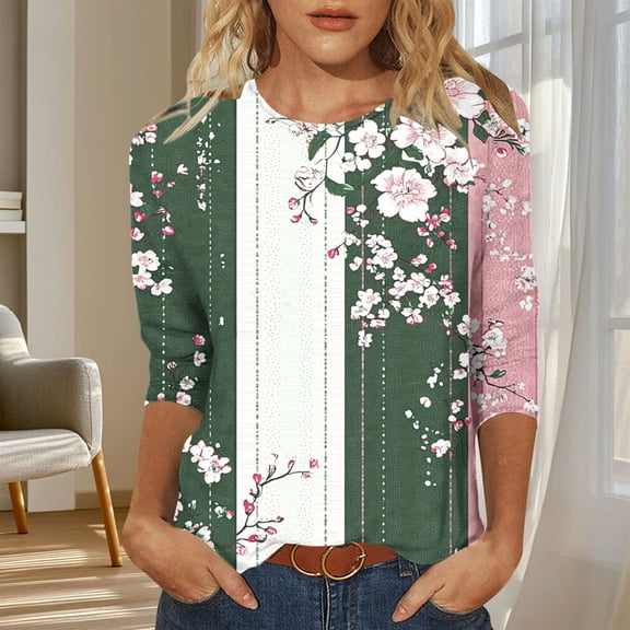 Qulqfy Plus Size Tops for Women Spring 3/4 Length Sleeve Shirts Fall Floral Crew Neck Going Out Tops Blouses for Women L