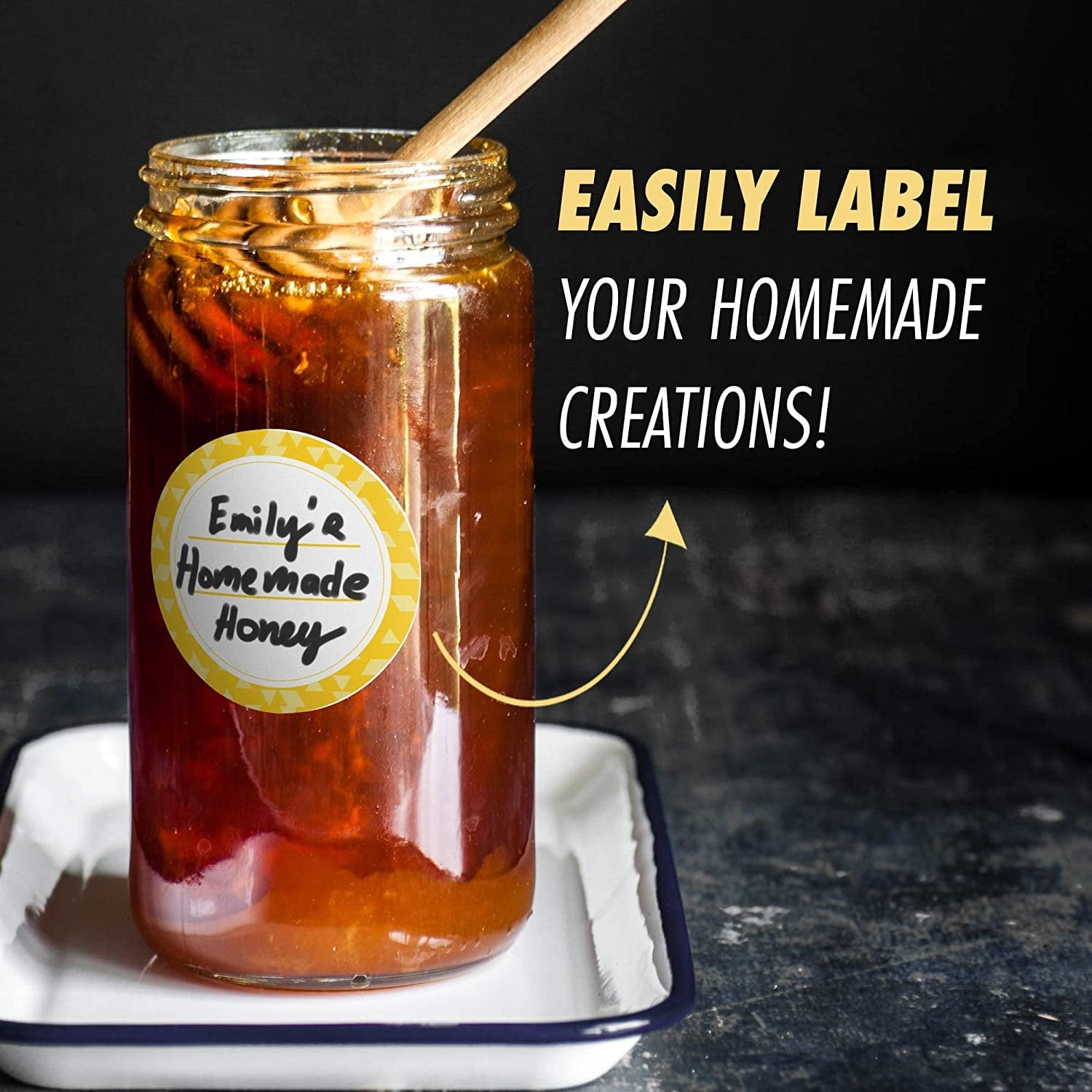 MESS Dissolvable Canning Labels for Jars, Amber 2" Mason Jar Stickers, 200 Pack, Removable Food Container Labels