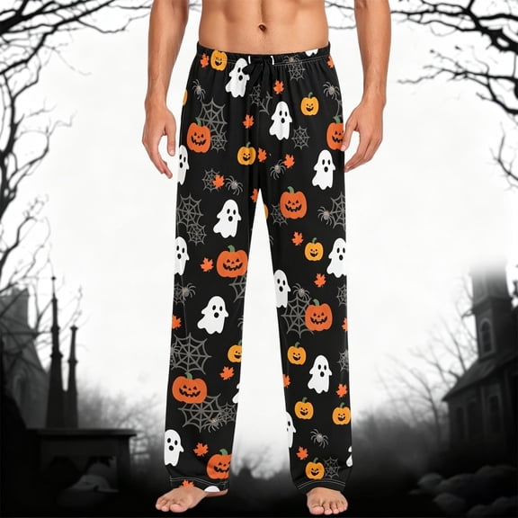 FASHOFT Men's Halloween Pajama Pants Ghost Graphic Pjs Bottoms with Pockets Straight Leg Sleep Lounge Pants for Men Black L