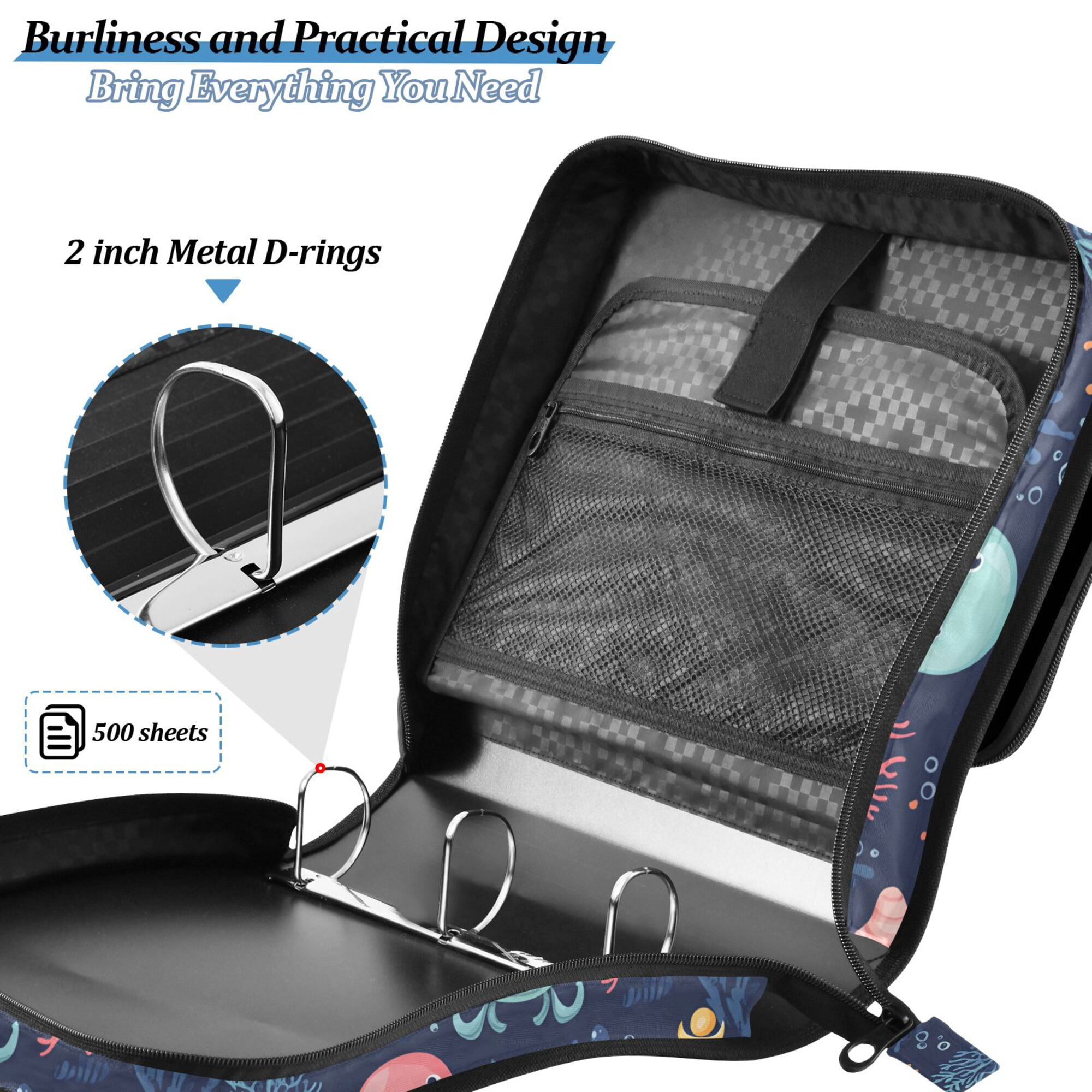 FORMRS Zipper Binder with Shoulder Strap 2-inch Ring 500 Sheet Capacity File Bag, Red Jellyfish