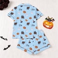 thumbnail image 4 of XAOFW Halloween Girls Pajamas Sets Short Sleeve Lapel Cartoon Print Shirts And Shorts Two Piece Sleepwear Loungewear Sets Breathable Homewear 7-8 Years, 4 of 9
