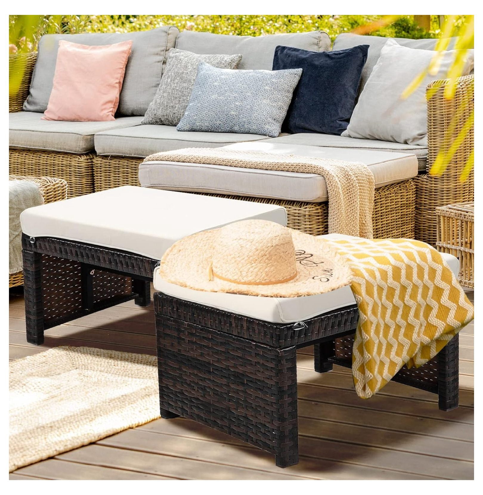 Outdoor Wicker Ottomans with Cushions, Steel Frame Patio Rattan Footstool, 2-Piece