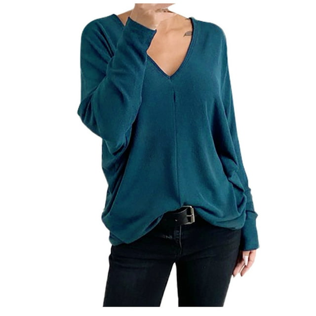 FAIWAD Womens Long Sleeve Tunic Top Long Sleeve V Neck Solid Color Pullover Top Plus Size Casual Basic Top